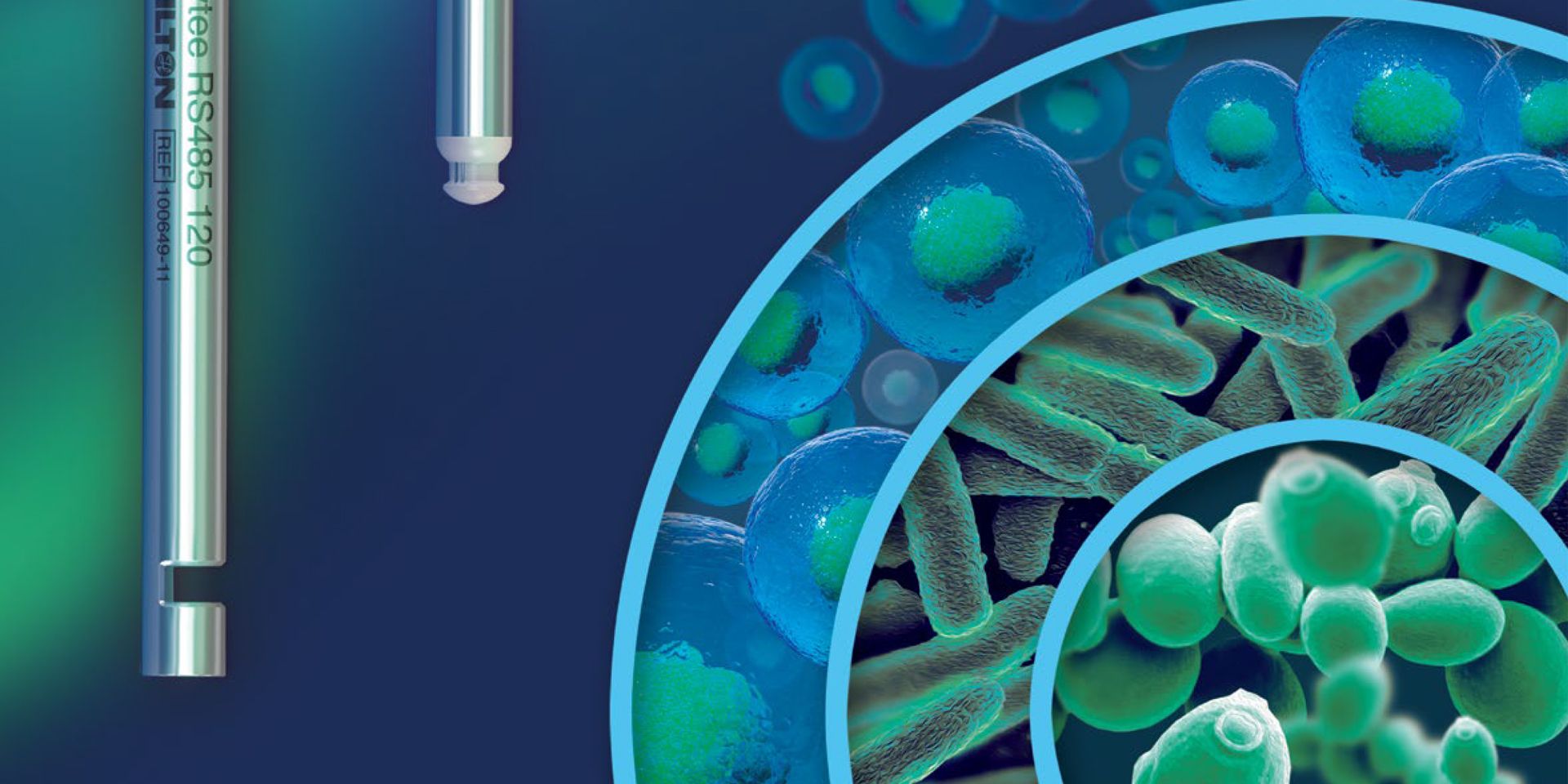 Hamilton Incyte RS485 120 arc sensor probe beside a tip, with microscopy illustrations of cells, rod-shaped bacteria, and cocci