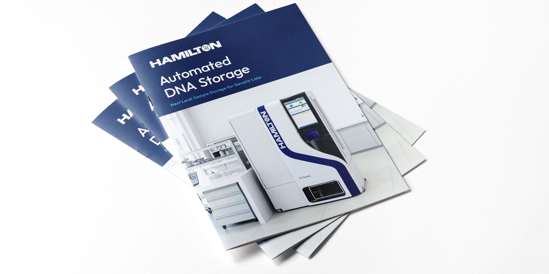Stack of Hamilton Automated DNA Storage brochures featuring a white and navy sample storage system on the cover