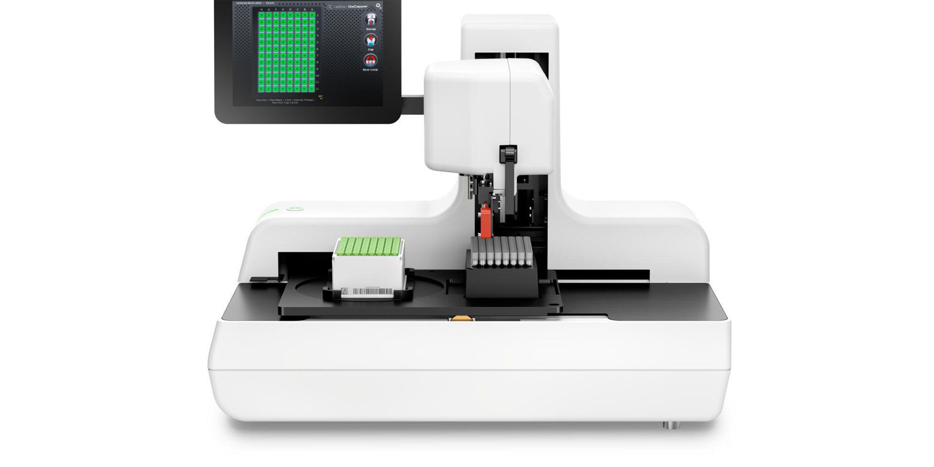 Automated tube decapping instrument with touchscreen display showing a green-lit sample rack grid