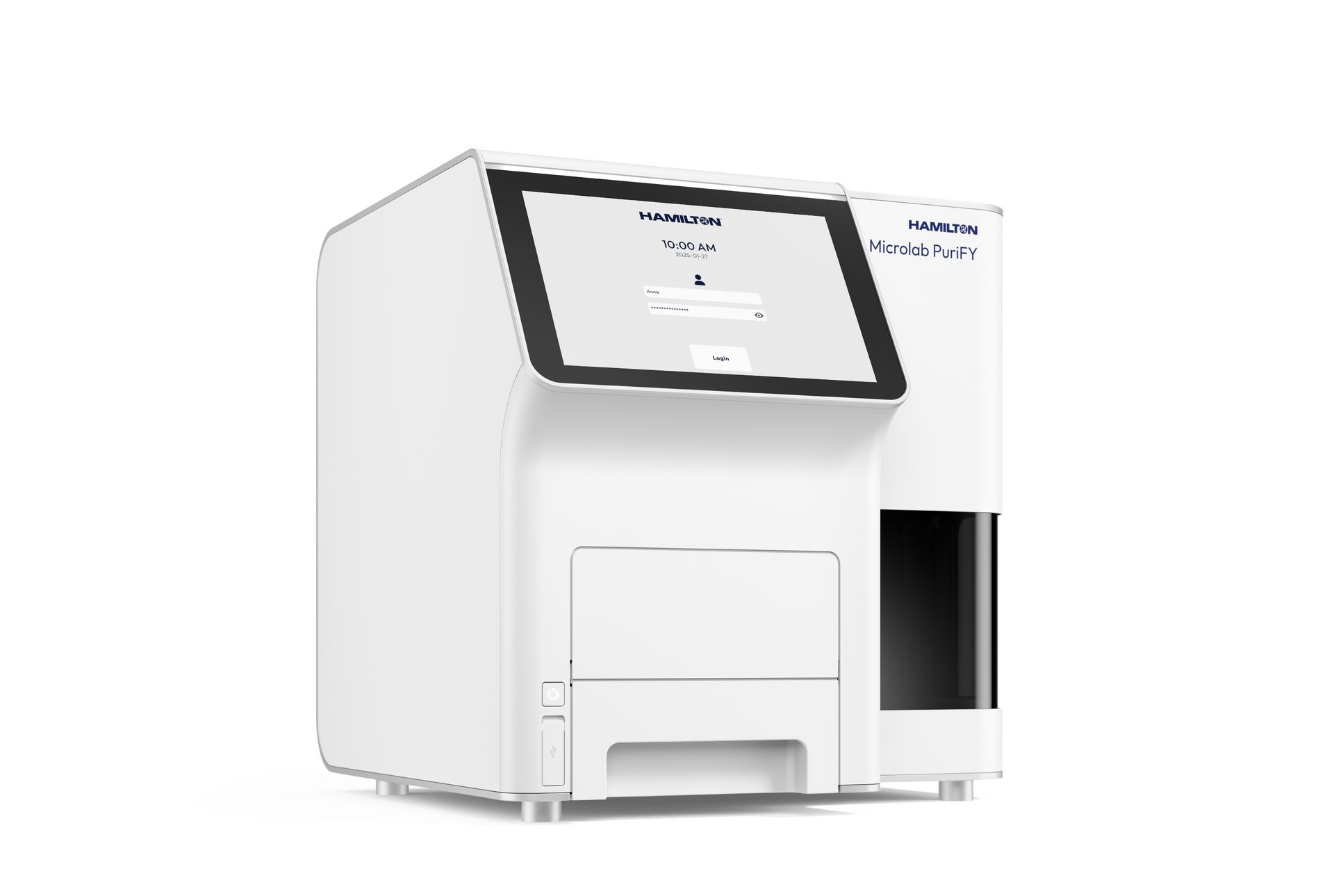 Hamilton Microlab PuriFY benchtop instrument with touchscreen login display and front-loading drawer
