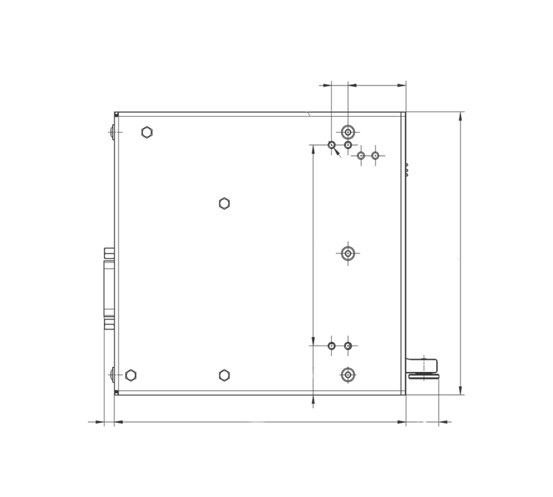 Technical engineering drawing of a square panel module, front view, showing bolt holes, fasteners, and dimension lines.