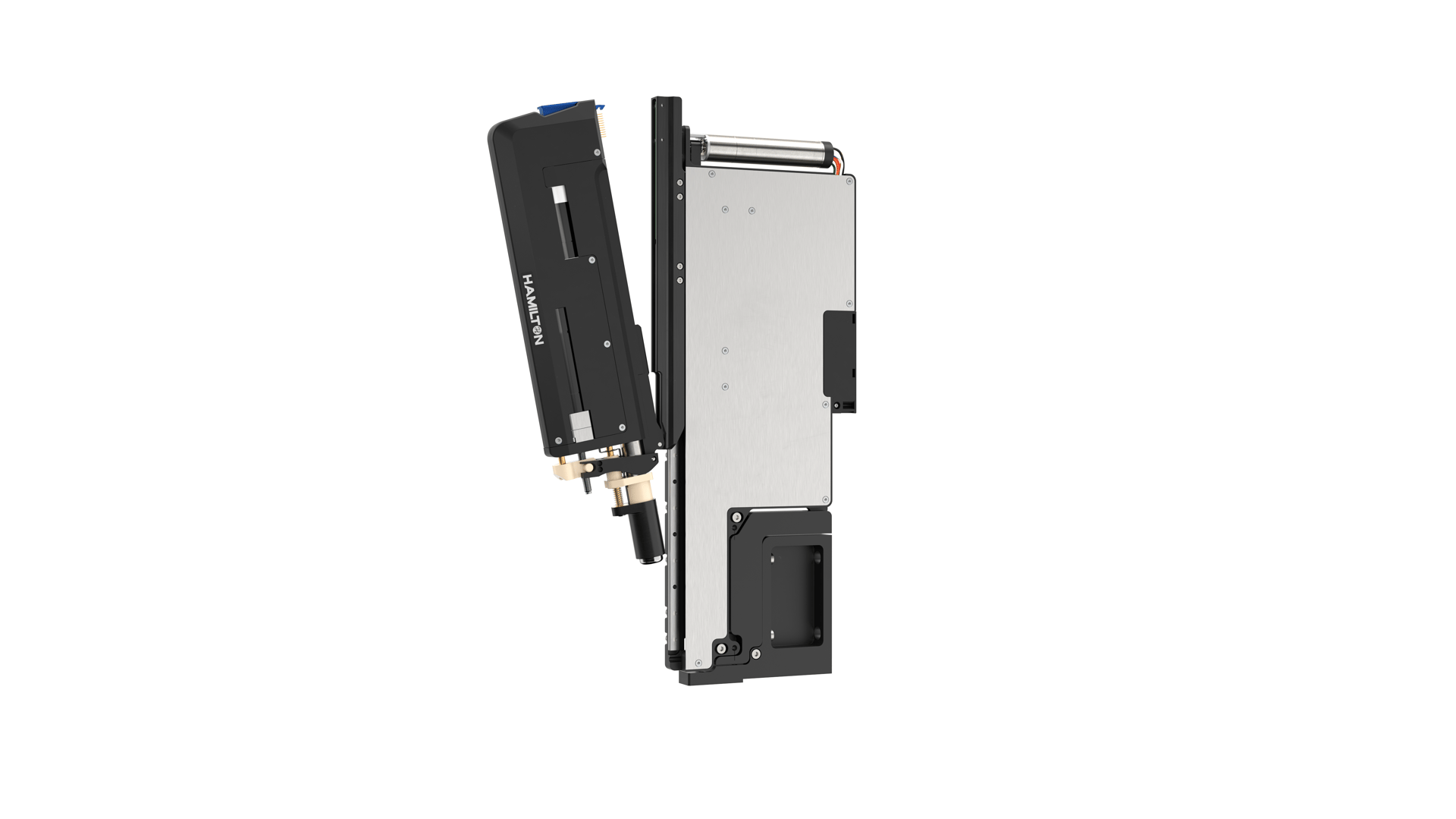 Hamilton-branded pipetting module with angled syringe assembly and aluminum mounting plate, isolated view