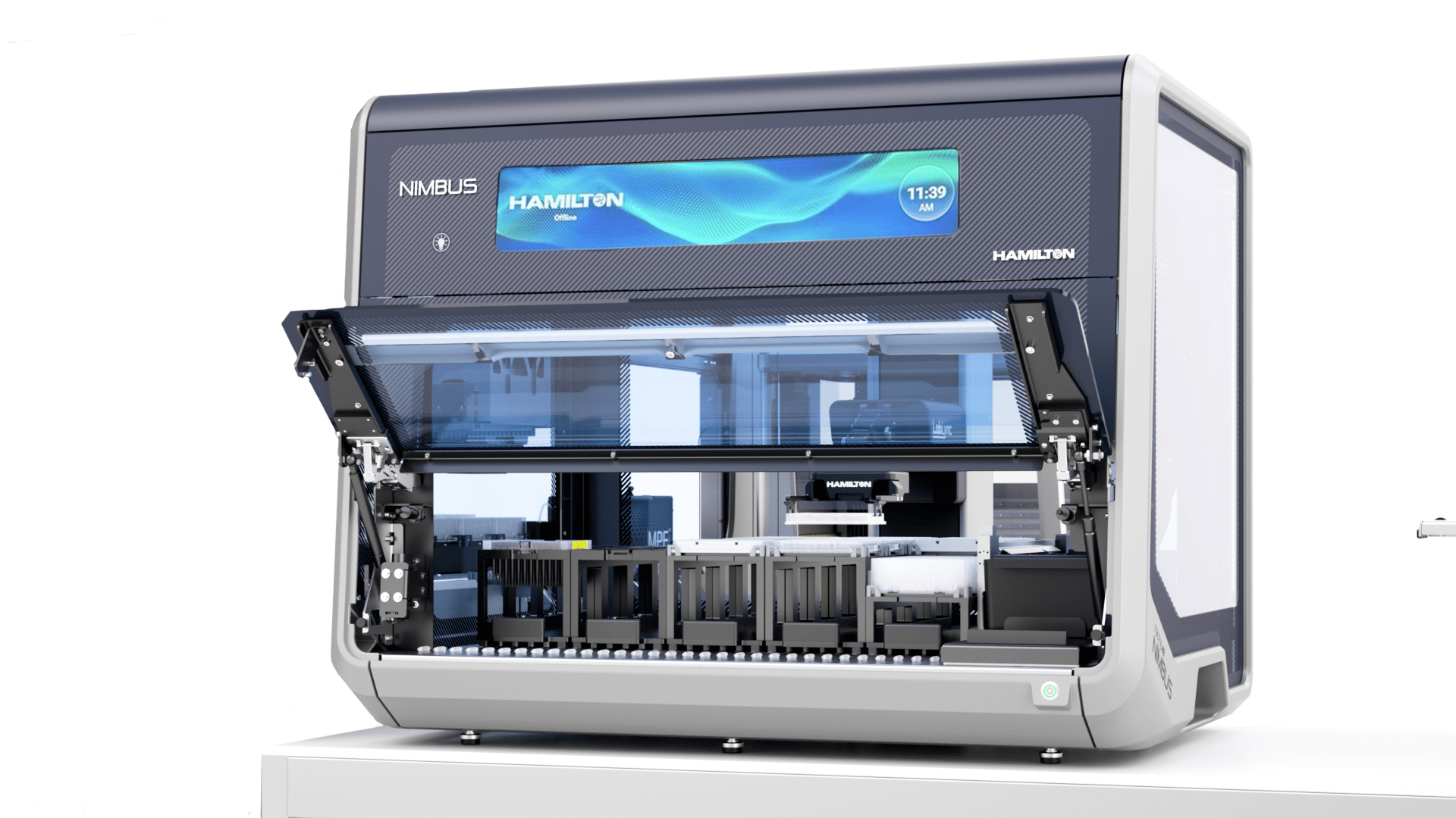 Hamilton Nimbus automated liquid handler with front cover open, revealing internal deck, pipetting arm, and sample positions