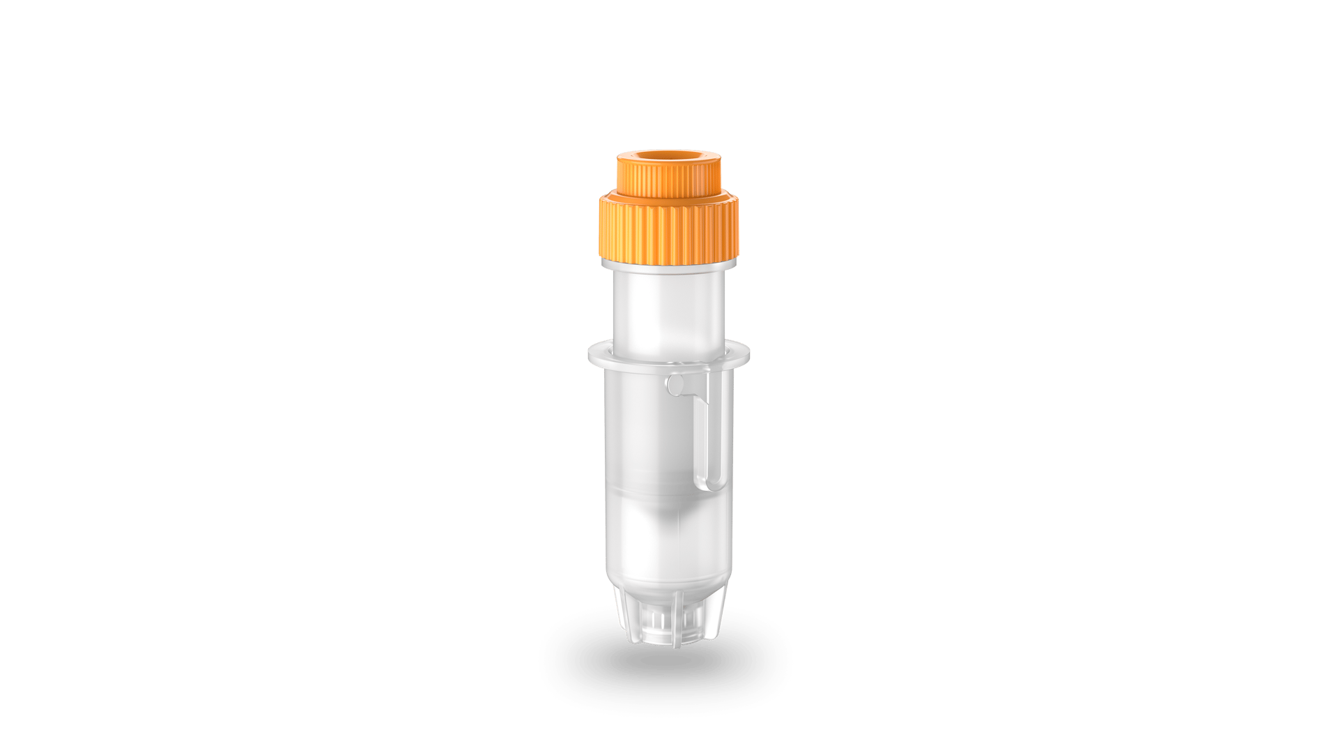 Transparent microcentrifuge tube with orange screw cap, shown disassembled with insert separated