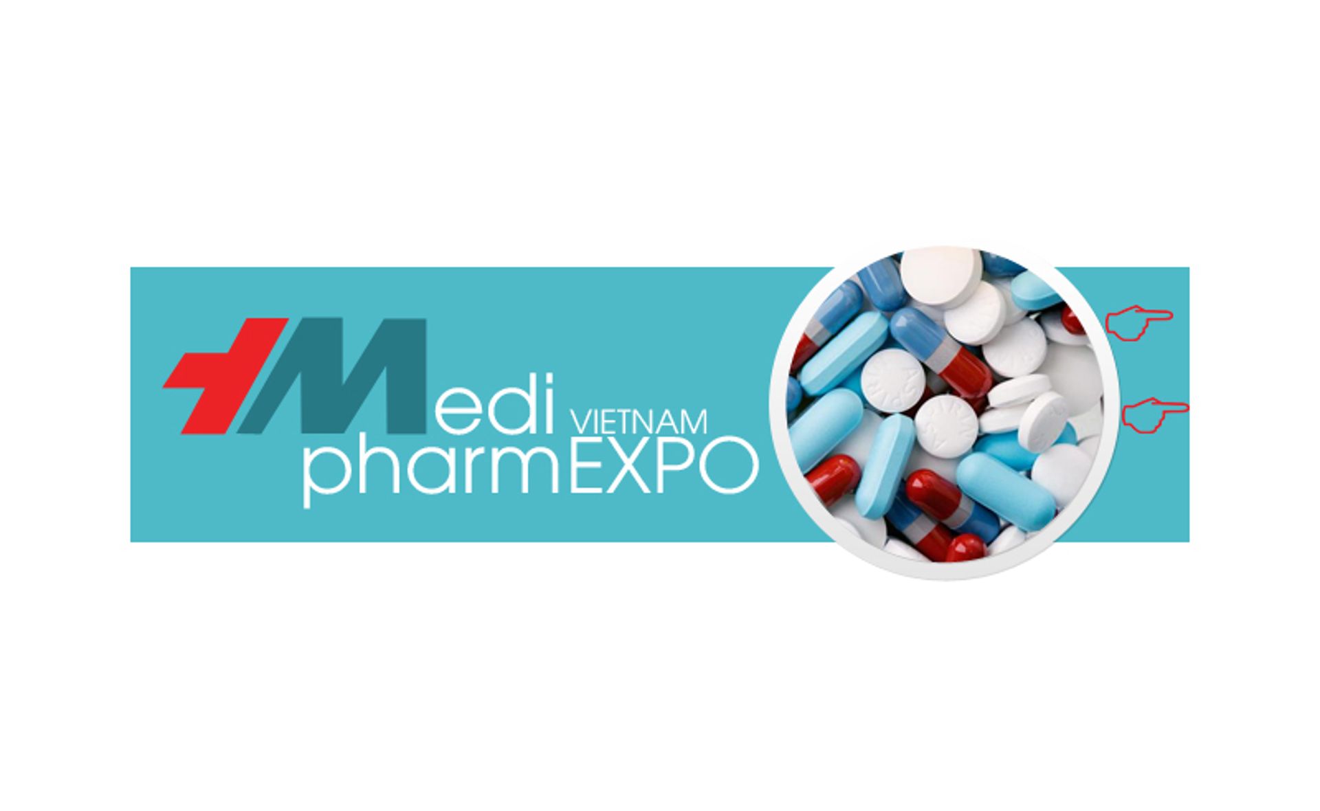 MediPharm Expo Vietnam logo beside a bowl of assorted pharmaceutical tablets and capsules