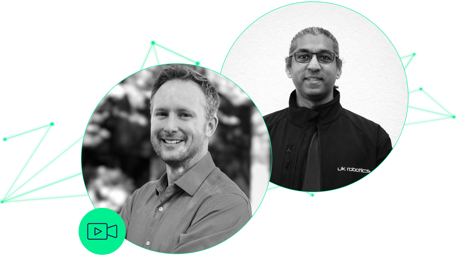 Two circular black-and-white headshots of speakers; one wears a jacket labeled "uk robotics"