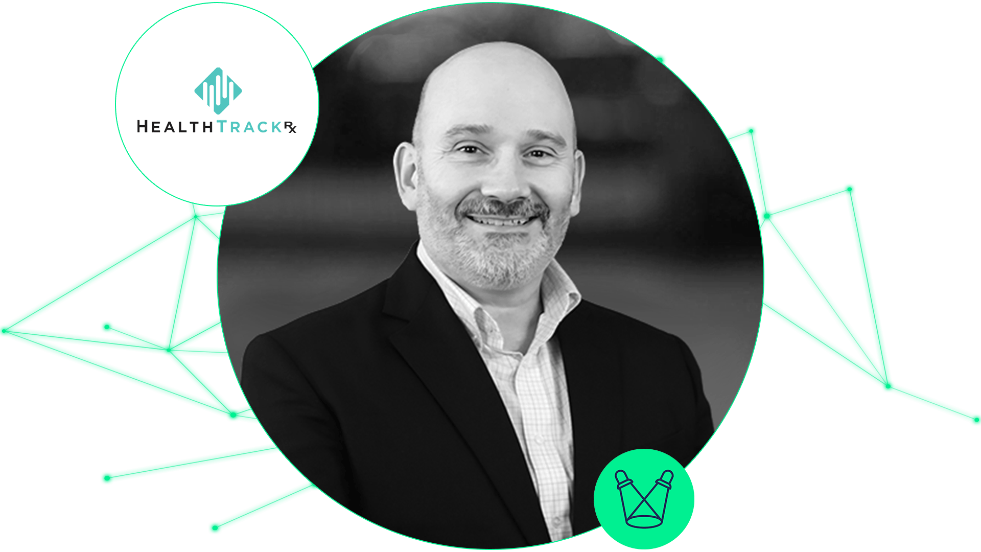 Headshot of a smiling person in a blazer, with the HealthTrackRx logo nearby.
