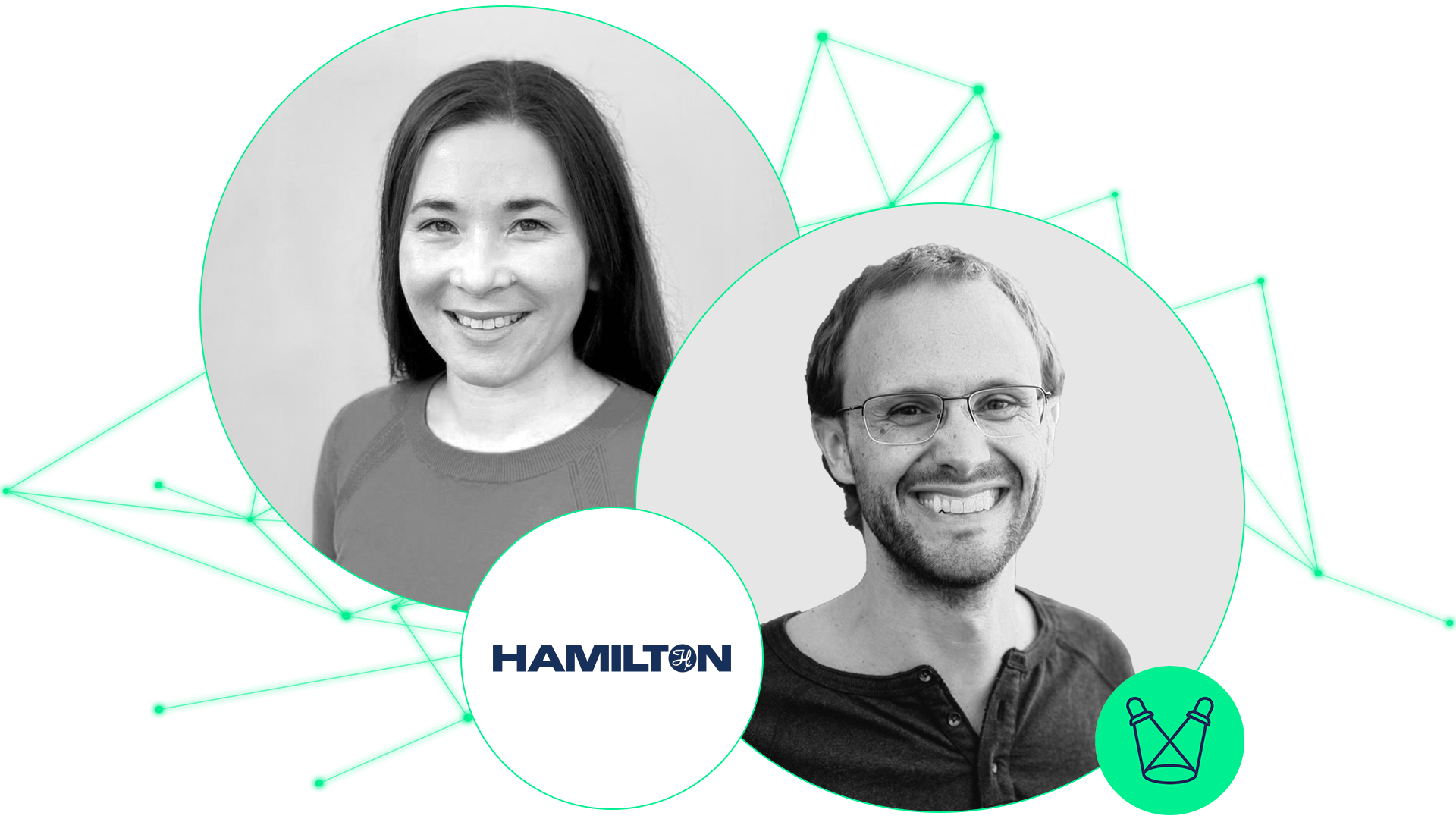 Two headshots and the Hamilton logo on a white background with green geometric lines