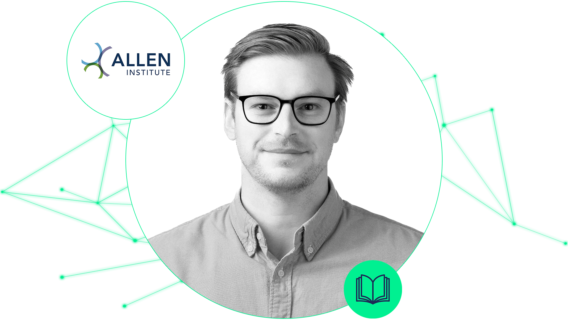 Headshot of a person wearing glasses and a collared shirt, with the Allen Institute logo nearby