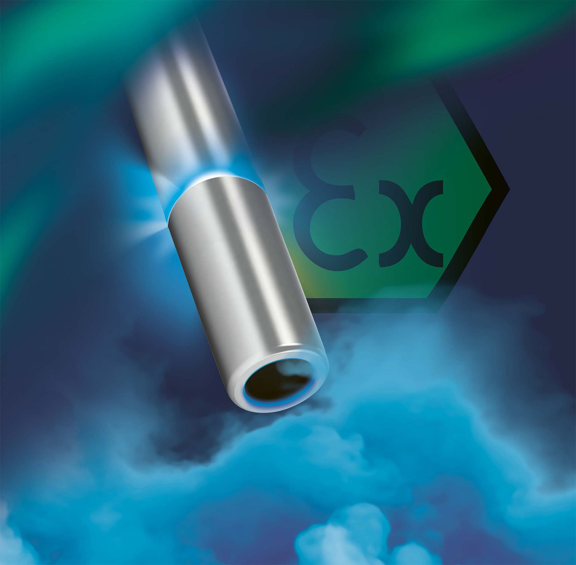 Cylindrical metallic oxygen sensor amid blue smoke with ATEX certification symbol in background