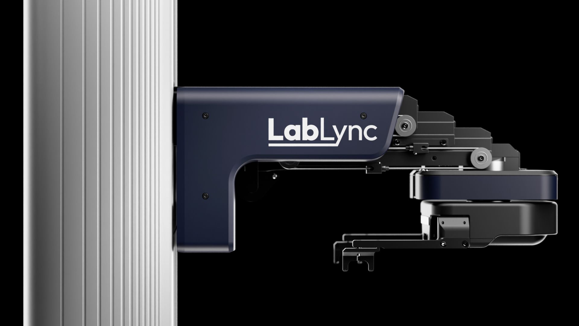 LabLync robotic arm module mounted on a vertical aluminum extrusion rail, with gripper end-effector