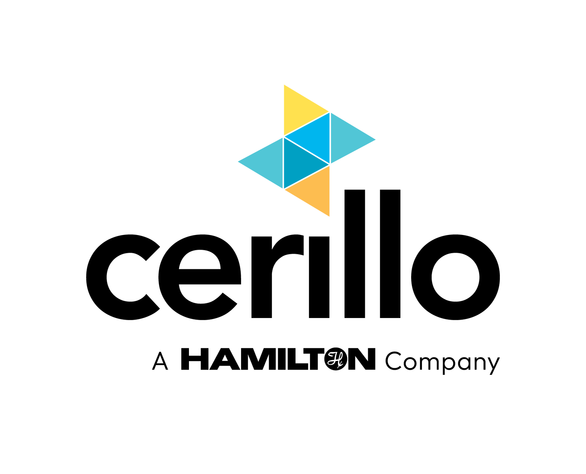 Cerillo logo with geometric triangles in teal and yellow above the wordmark, "A Hamilton Company" below