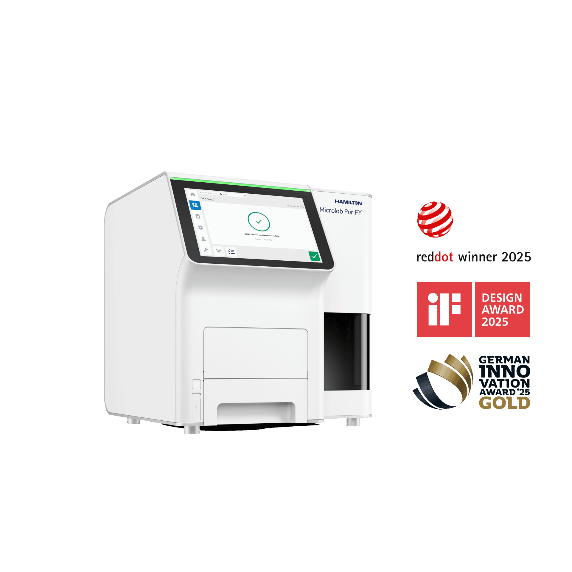 Hamilton Microlab PuriFY nucleic acid purification instrument with touchscreen, beside Red Dot 2025, iF Design Award 2025, and German Innovation Award Gold logos