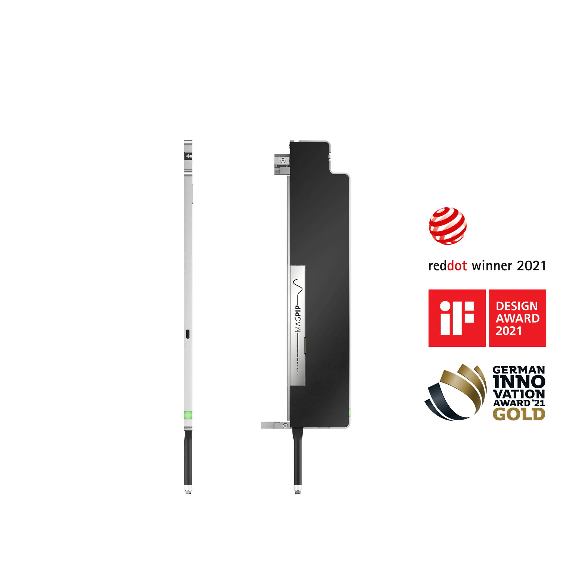 MAGPIP magnetic pipette shown in front and side views with Red Dot 2021, iF Design Award 2021, and German Innovation Award Gold badges