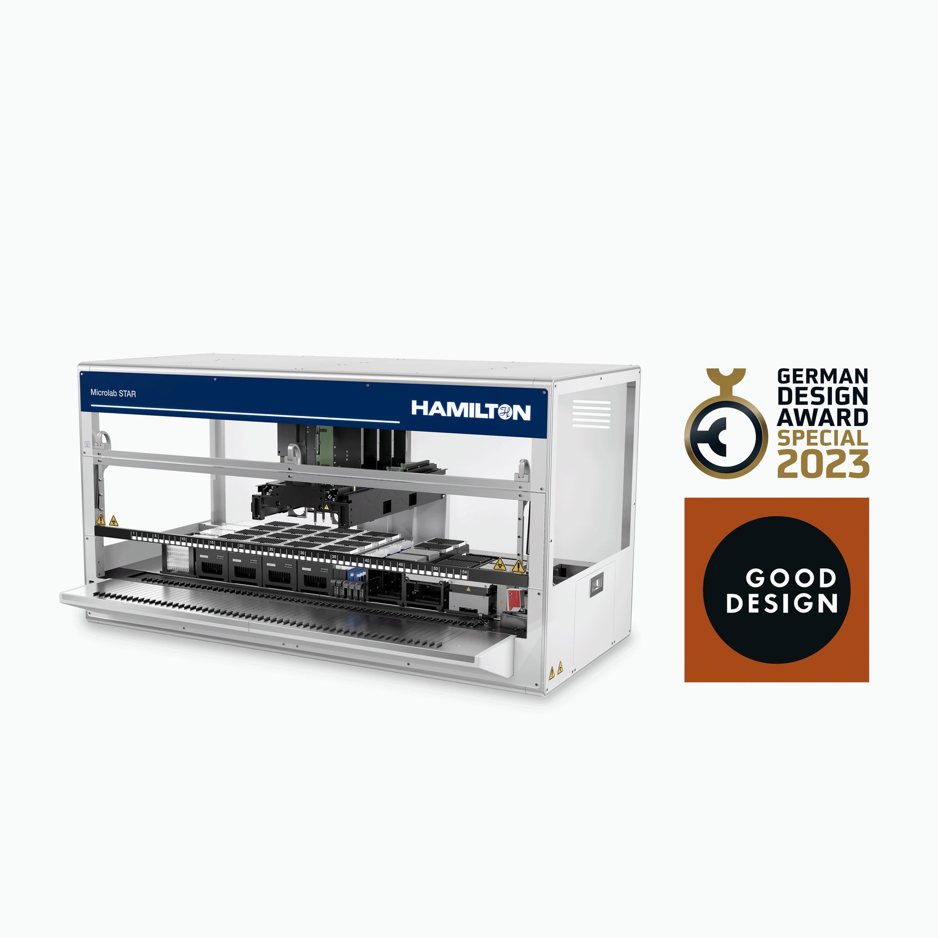 Hamilton Microlab STAR automated liquid handler with German Design Award Special 2023 and Good Design badges
