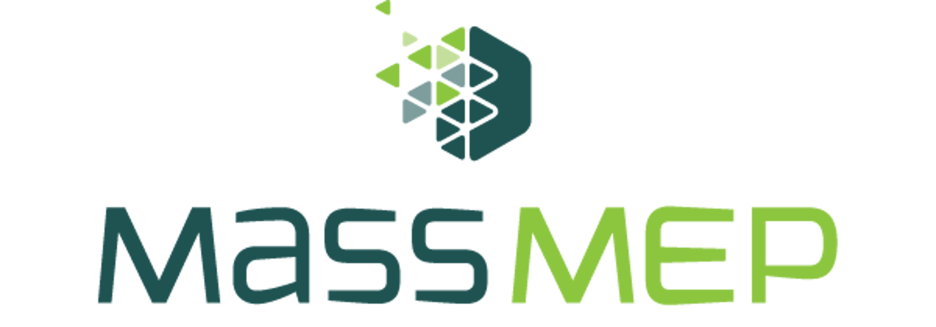 Mass MEP logo with dark teal text and lime green accent lettering, above a geometric hexagon icon