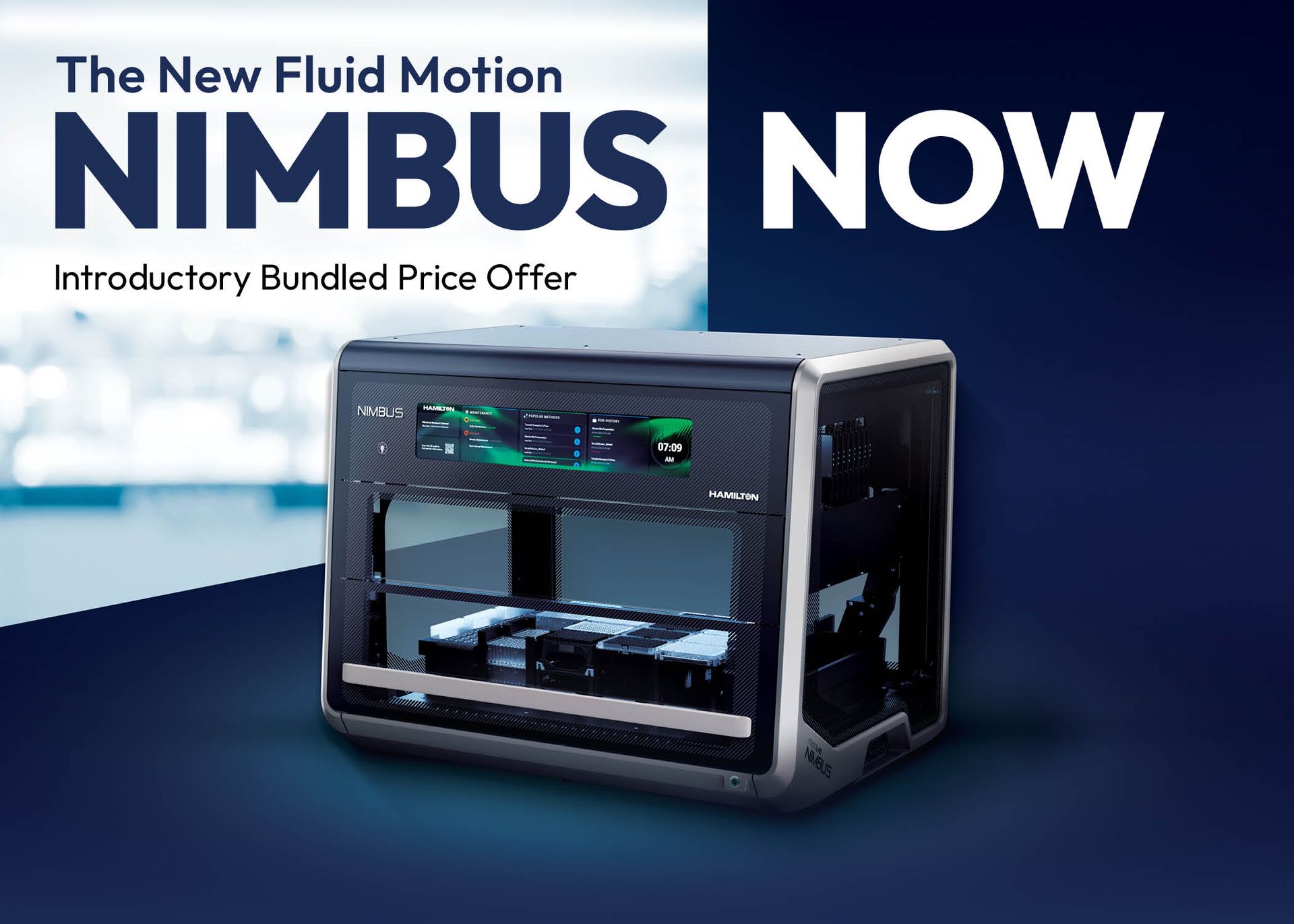 Hamilton Nimbus automated liquid handler with "Nimbus Now – Introductory Bundled Price Offer" text