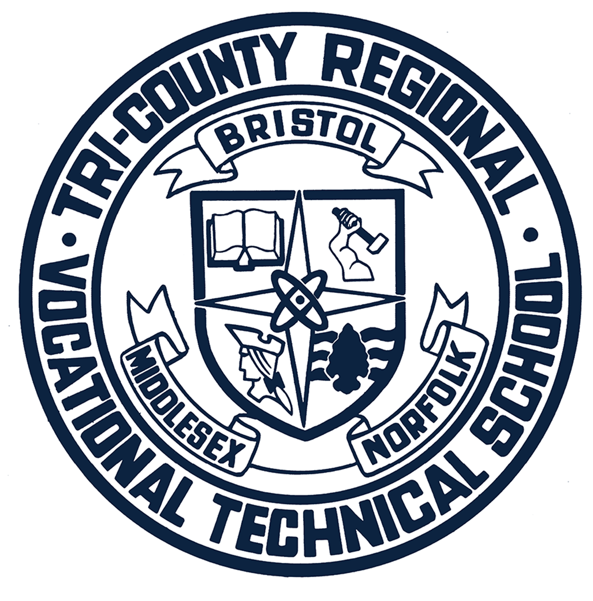 Tri-County Regional Vocational Technical School seal with Bristol, Middlesex, and Norfolk banners