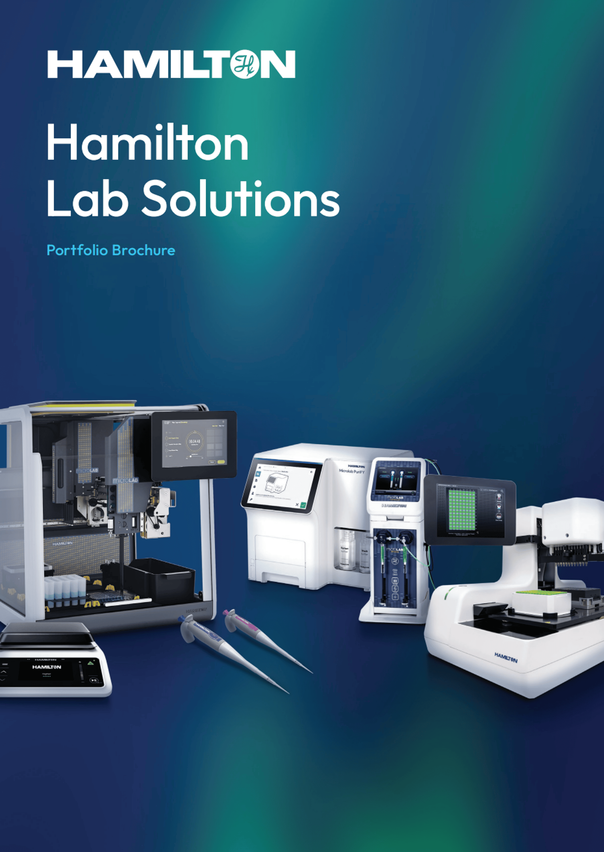 Hamilton Lab Solutions Portfolio Brochure cover showing automated liquid handlers, a pipette, and benchtop lab instruments on a teal gradient background.
