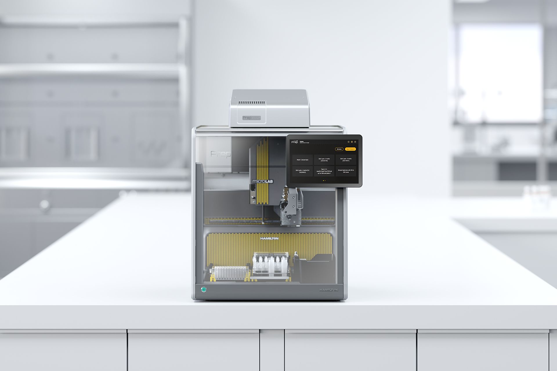 Hamilton MicroLab Prep automated liquid handler on a lab bench with touchscreen interface and yellow tip racks