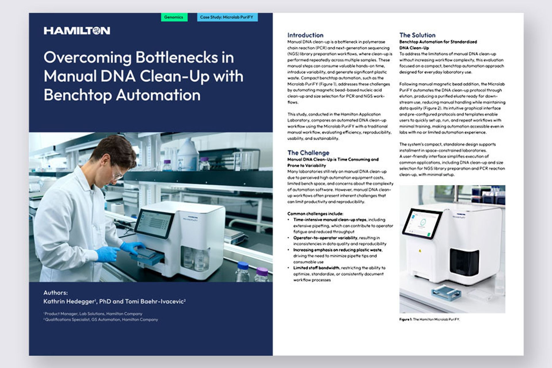Hamilton Microlab PuriFY case study page showing a lab worker using the benchtop instrument and product overview text
