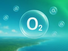 Illustration of O₂ molecular bubbles floating above a blurred aerial coastal landscape