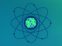 Stylized atom diagram with orbital paths and a nucleus of green and teal spheres, on a blue-green gradient background