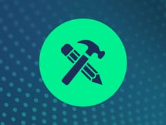 Green circle icon with a crossed pencil and hammer symbol on a dark teal dotted background.