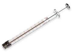 Hamilton glass microsyringe with metal plunger, knurled tip, and 0.025 mL graduation markings