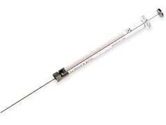 Hamilton Gastight #1701 microliter syringe with metal plunger and long needle on white background