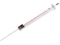Hamilton Gastight #1701 glass syringe with metal plunger and fine needle on white background