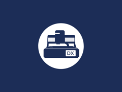 Icon of a Polaroid-style camera labeled "DX" on a white circle background