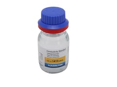 Hamilton 300 mL glass bottle of Conductivity Standard 1413 µS/cm with blue cap and red seal