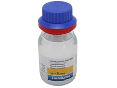 Hamilton 300 ml 5 µS/cm Conductivity Standard solution in a clear glass bottle with blue cap