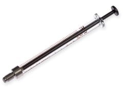 Hamilton glass syringe with metal luer tip, black plunger, and graduated scale markings up to 0.50 ml