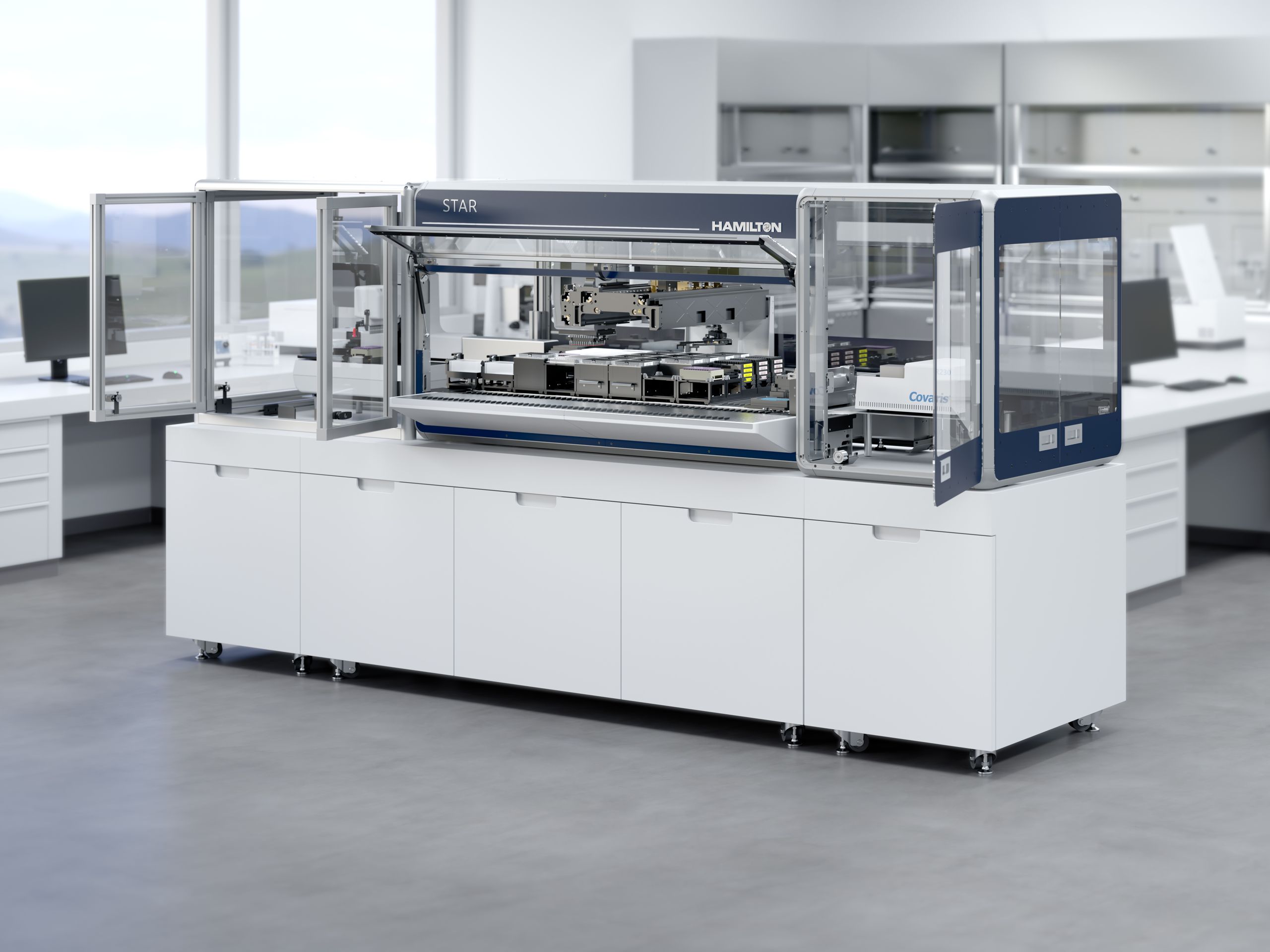 Hamilton STAR automated liquid handler with enclosure doors open, shown in a laboratory setting