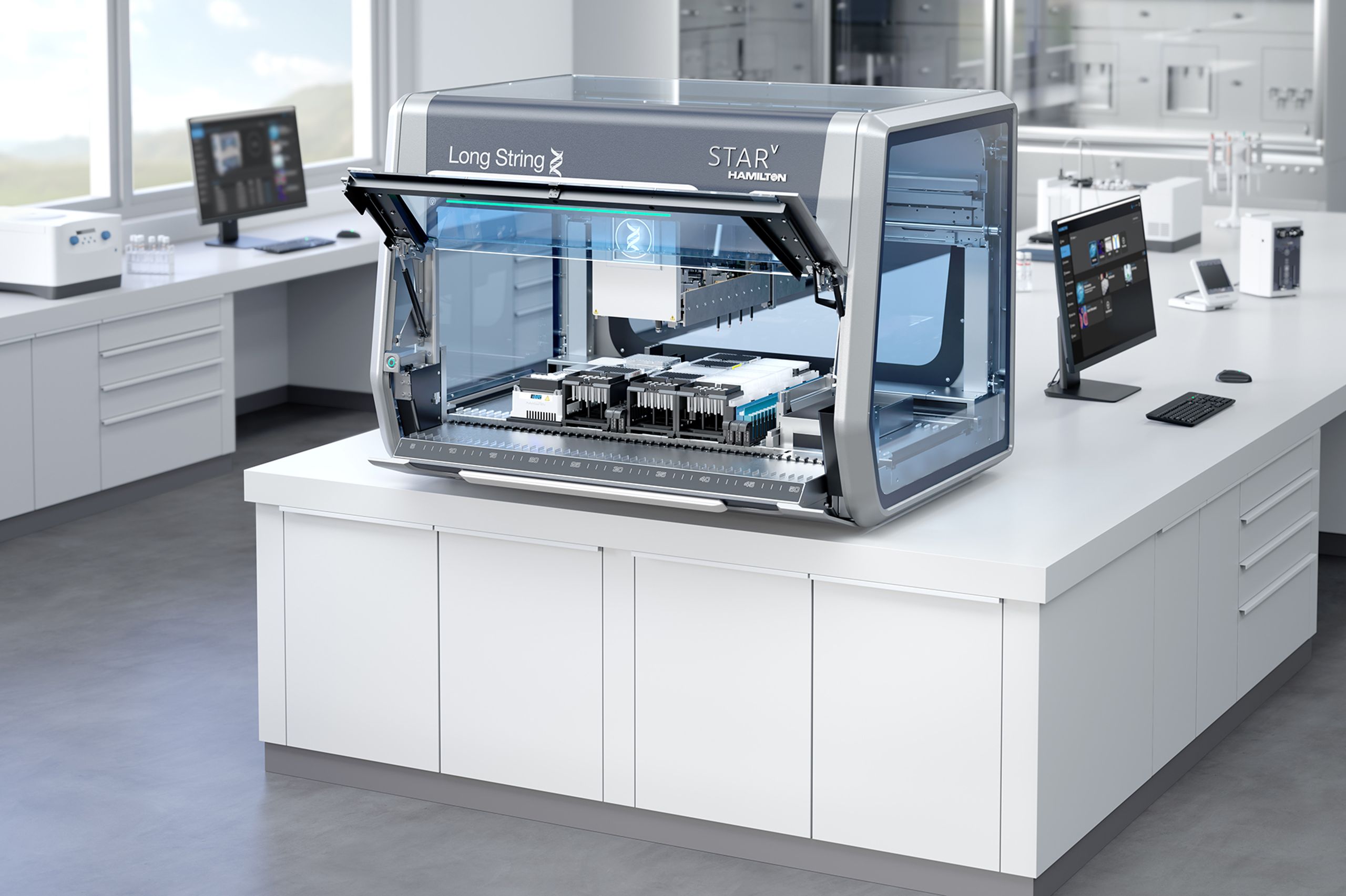 Hamilton Long String STAR V automated liquid handler open on lab bench, with pipetting deck visible