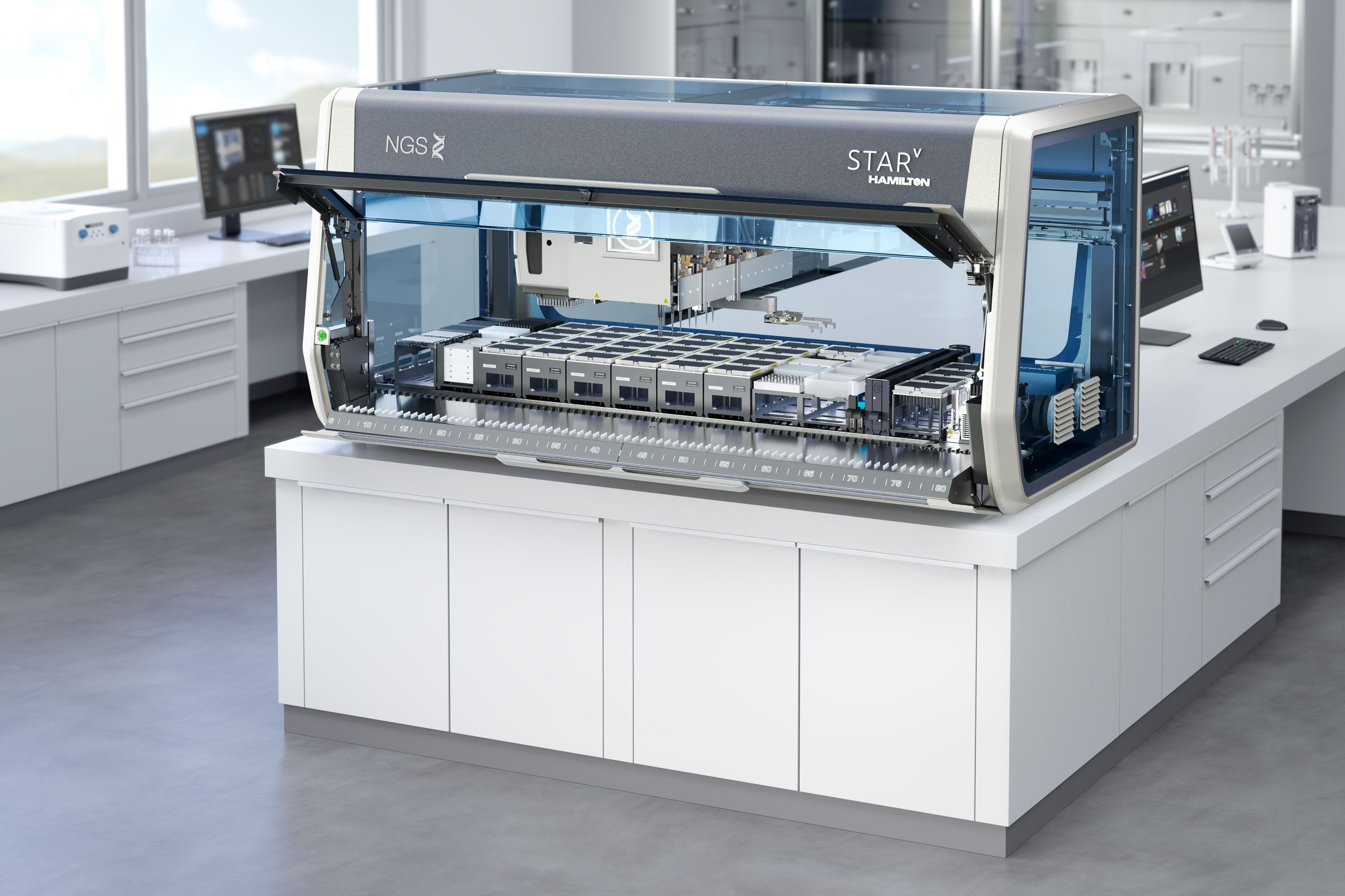 Hamilton STAR V automated liquid handler with open front panel, showing pipetting deck with labware in a lab