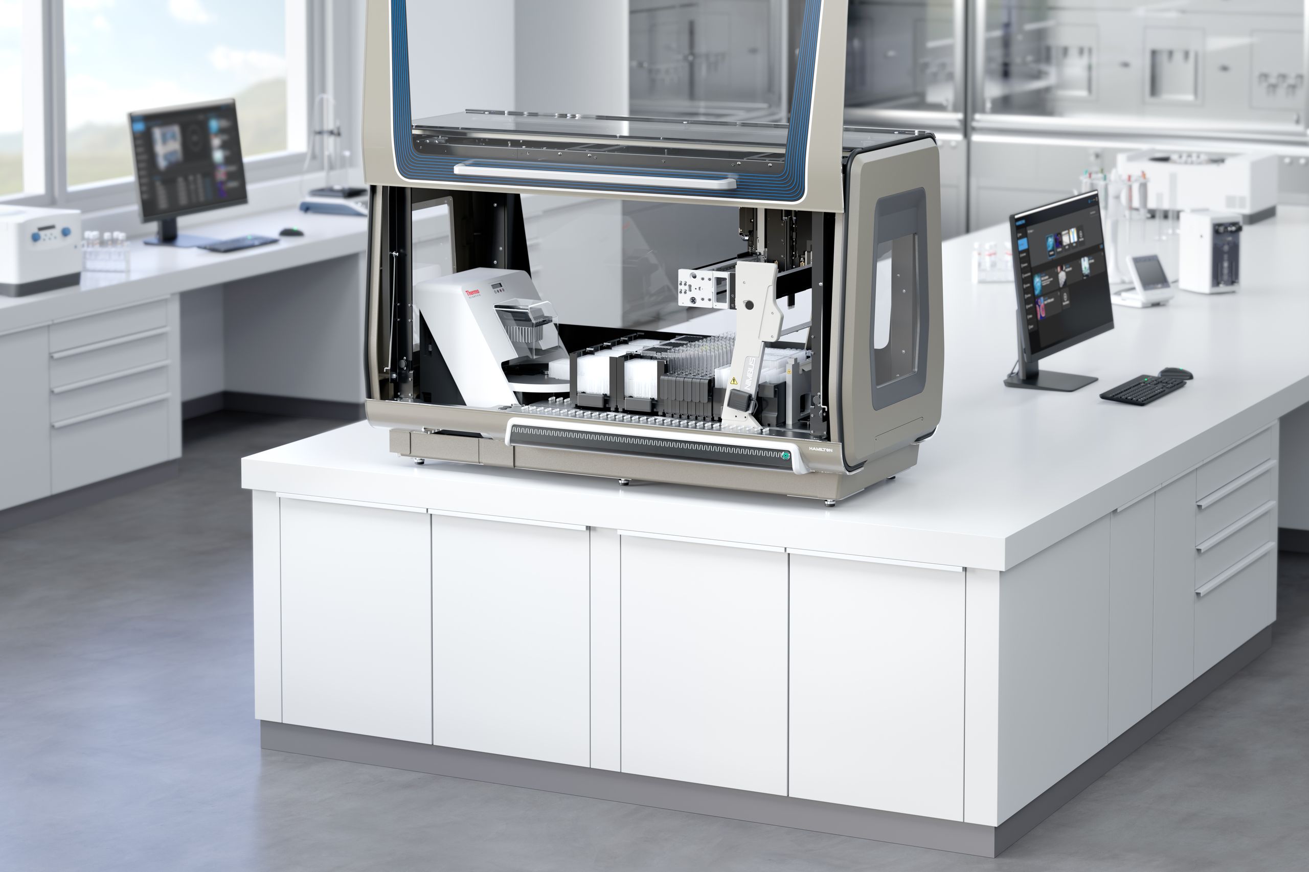 Automated liquid handling workstation with open enclosure, robotic arm, and sample plates, on a lab bench