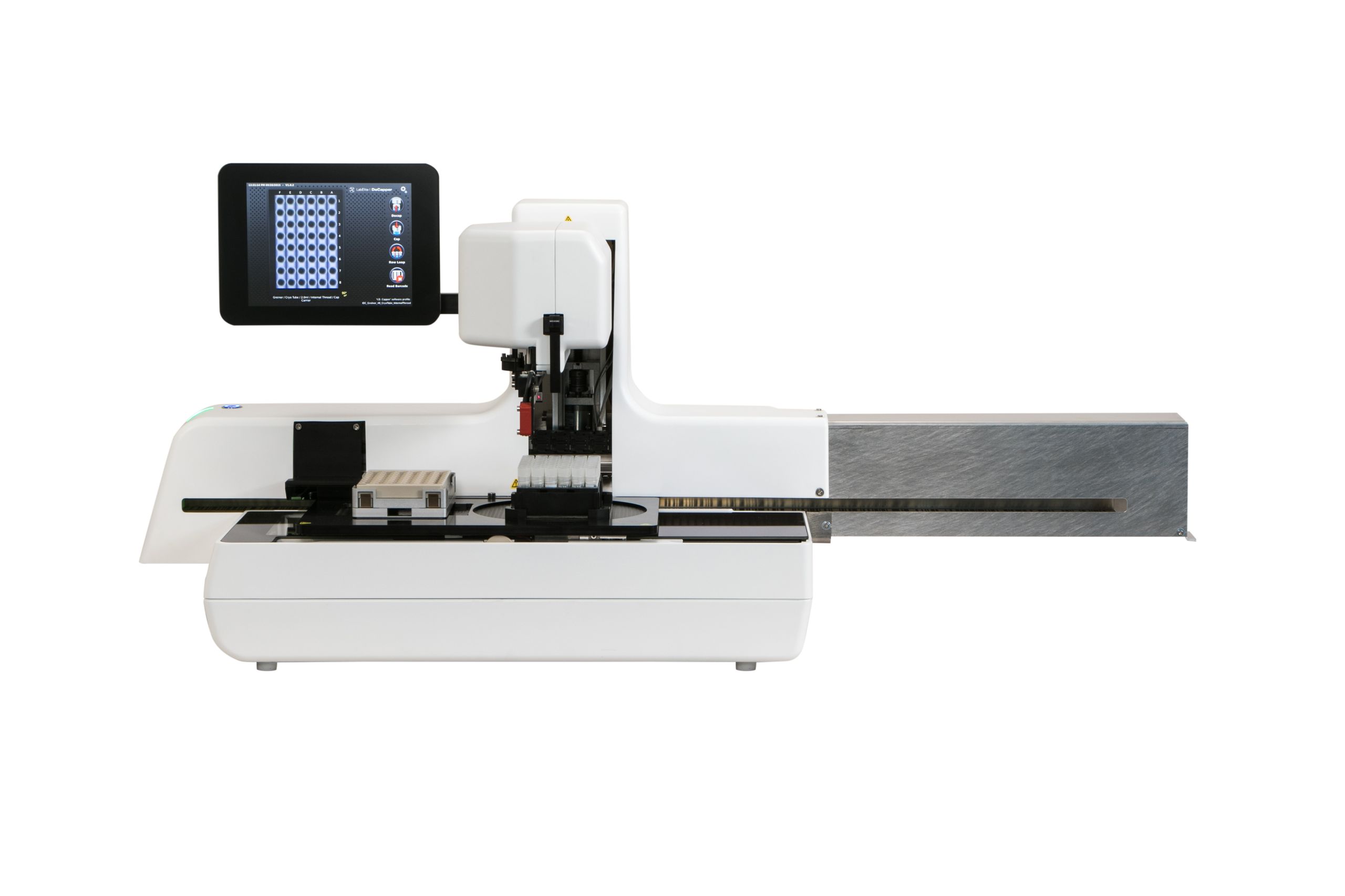 Automated tube capper instrument with touchscreen display and extended conveyor track, side view