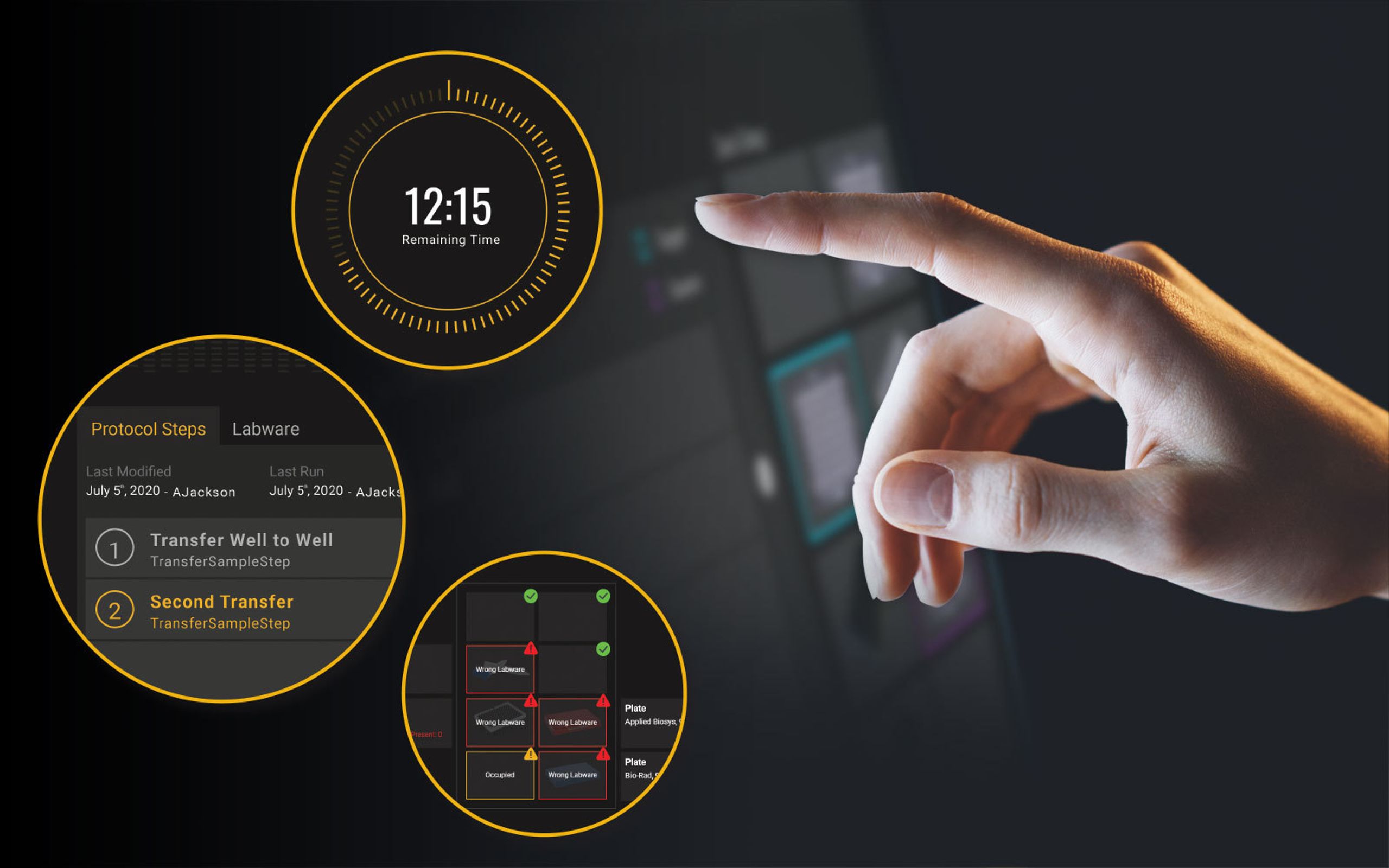 Laboratory software UI panels showing protocol steps, labware status, and a countdown timer, with a pointing hand