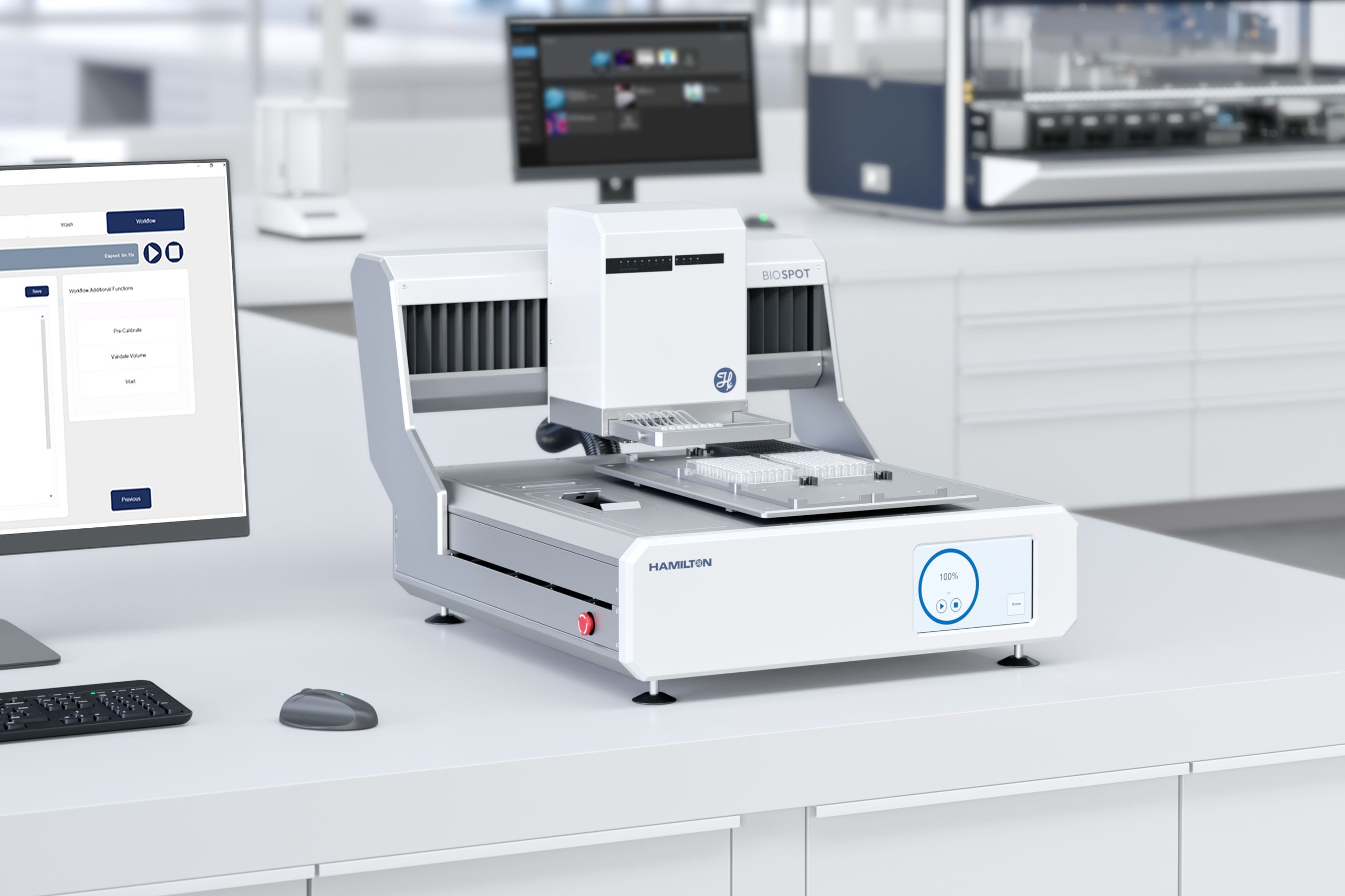 BIOSPOT Workstation on a laboratory bench for high-throughput drug discovery.