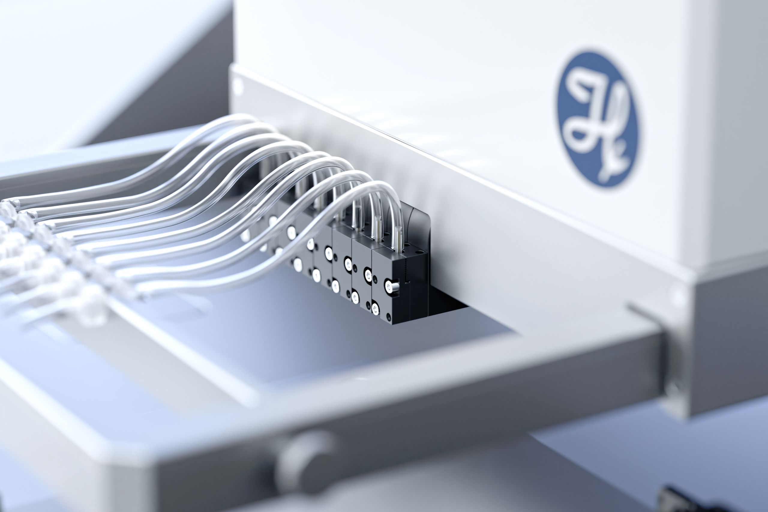 close up on 8 PIPEJET modules arranged in 9mm spacing into BIOSPOT workstation