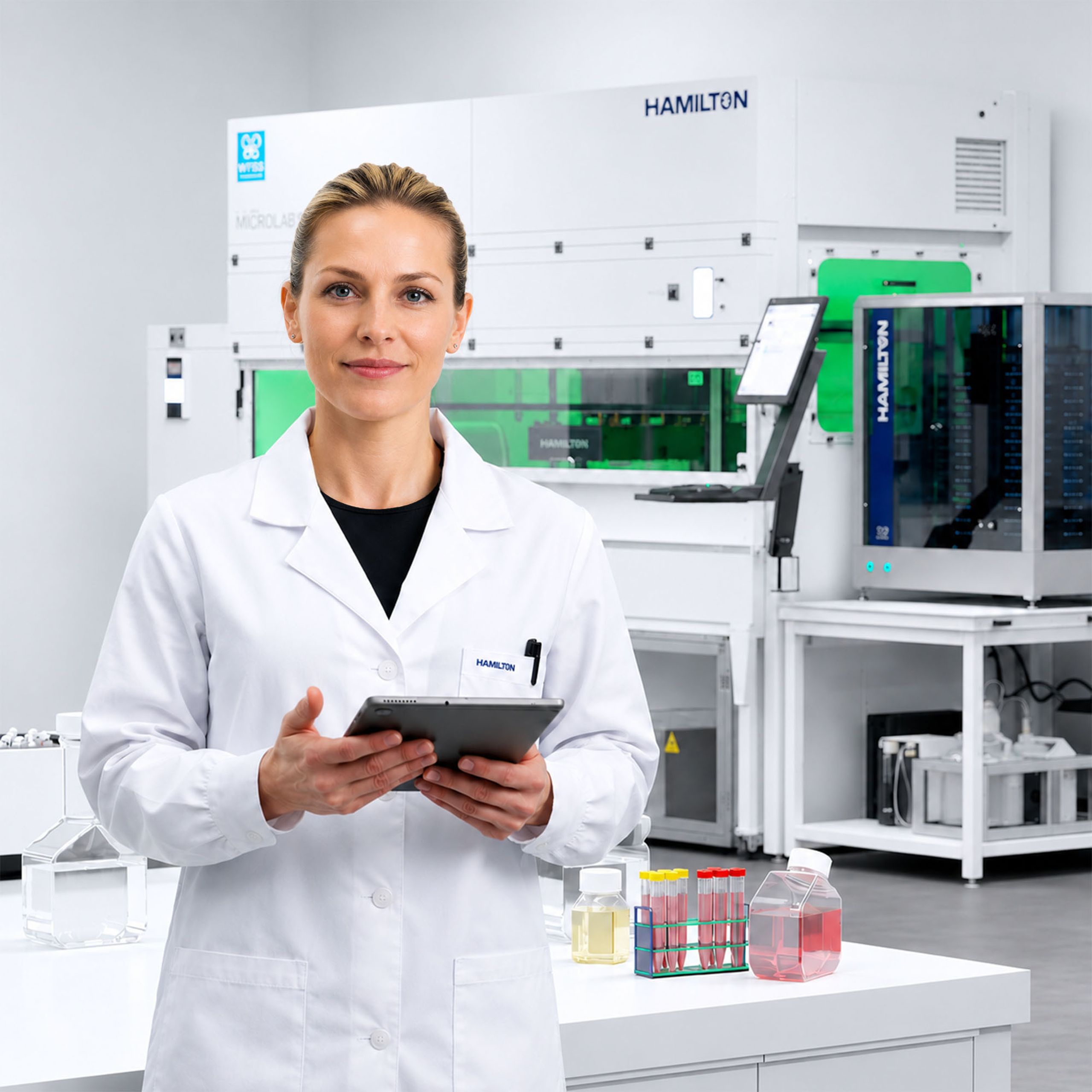 Scientist in Hamilton lab coat holding tablet, standing before Hamilton Microlab automated liquid handling systems