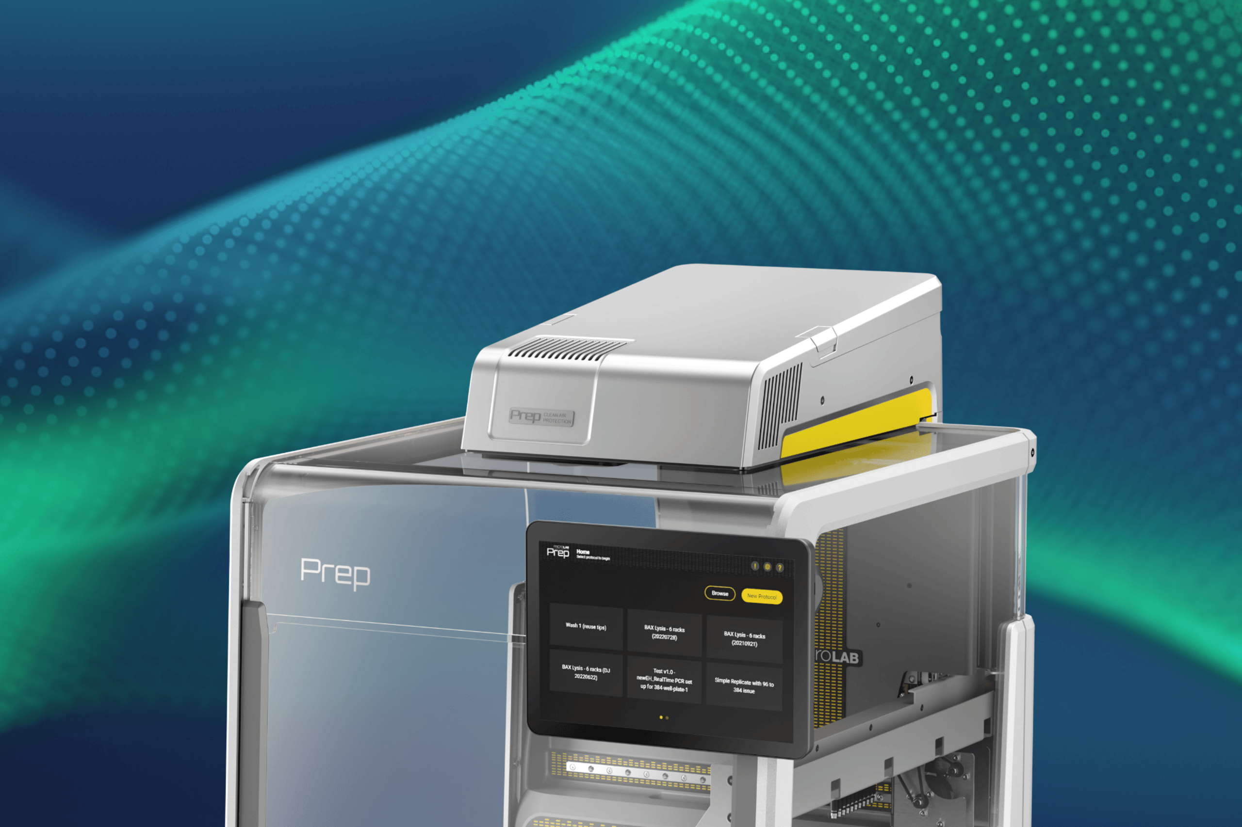 Hamilton Prep automated liquid handling workstation with touchscreen interface and stacked module, on blue-green background