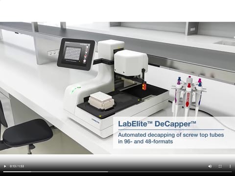 Hamilton LabElite™ DeCapper™ automated decapping instrument on a lab bench with a rack of screw-top tubes