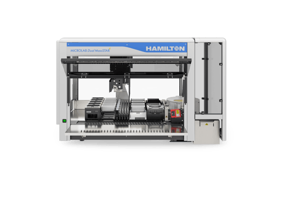 Hamilton MICROLAB Dual MassSTAR automated liquid handling workstation, front view, open deck