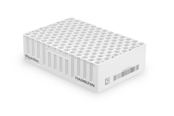 Hamilton RackWare sample storage rack with 96-well tube positions and barcode labels on white background