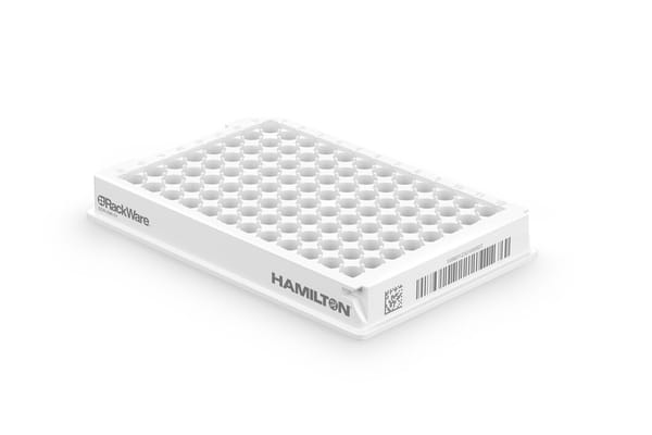 White Hamilton RackWare 96-well microplate with barcode and QR code labels