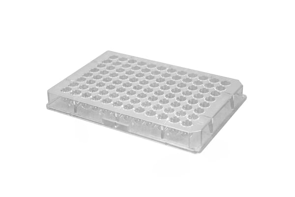Clear transparent 96-well microplate with round bottom wells, angled view, white background.